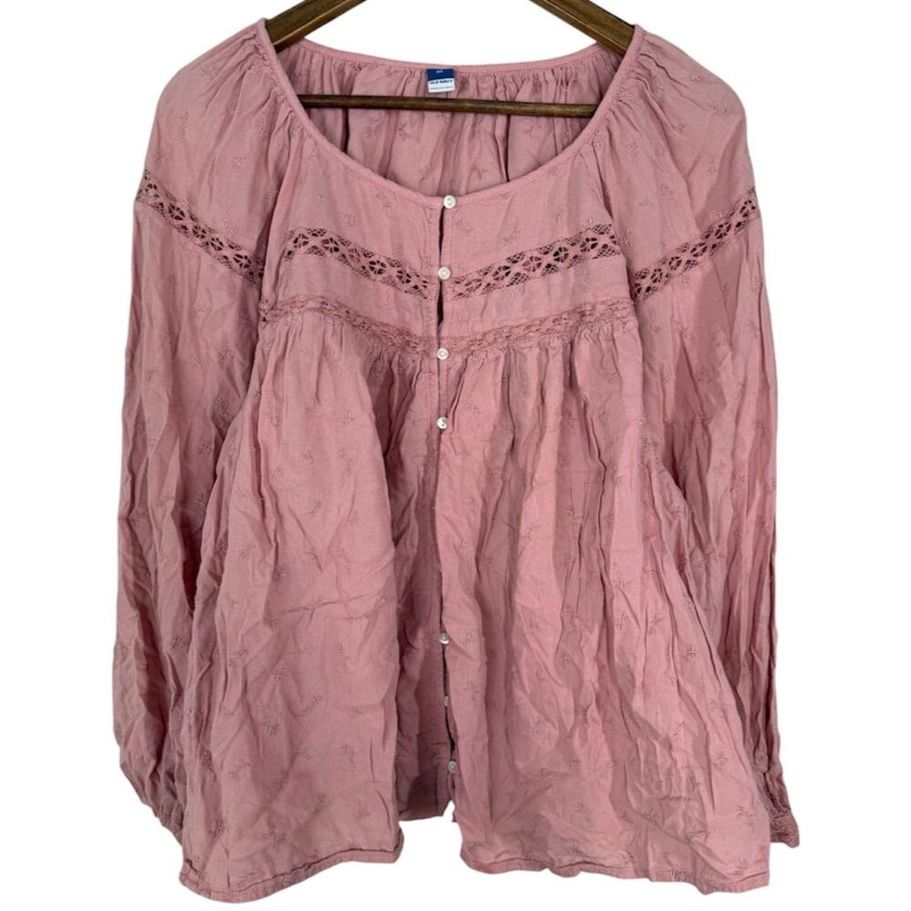 Old Navy Womens Pink Peasant Top Sz XL Floral Embroidered Boho Ren Faire Lace
